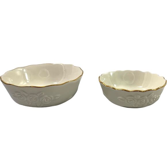 2 Lenox Bowls Ivory Embossed Rose Floral Scalloped Edge Handcraft Goldtone Trim‎ - Picture 1 of 9